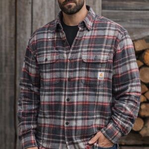 Carhartt Men’s 2XL Heavyweight Plaid Flannel Shirt Jacket Gray Red